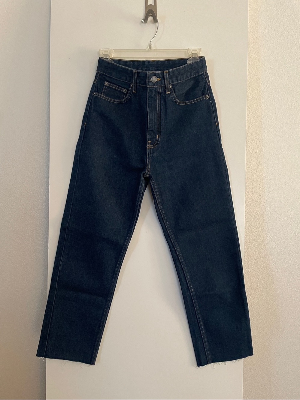 Carmar Cotton High Rise Straight Leg Dark Wash Jeans Raw Hem NWOT